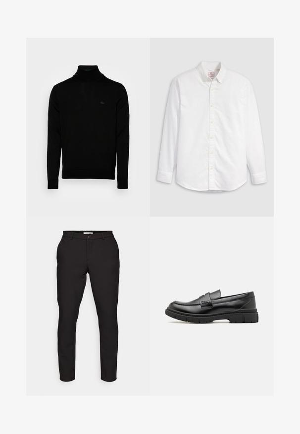 Suéter negro de cuello alto, textura acanalada, mangas largas, diseño ajustado, sutil logo de Lacoste en el pecho, material de punto de peso medio.; Camisa blanca de algodón con botones, de manga larga, cuello con solapa y dobladillo curvado. Presenta botones amarillos y una marca sutil.; Pantalones negros ajustados de corte entallado. Cuentan con cremallera, cierre de botón, bolsillos laterales y una tela suave y ligera.; Mocasin de cuero negro con una cinta ancha en el empeine, suela de goma con tacos gruesos y textura suave. Diseño clásico y elegante.