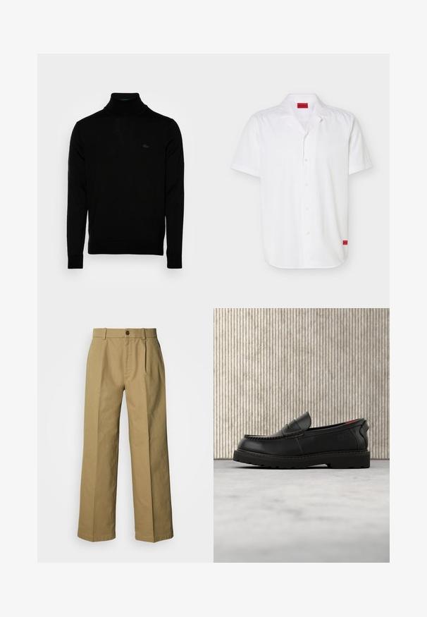 Sort turtleneck sweater, ribbet tekstur, lange ærmer, tætsiddende design, diskret Lacoste-logo på brystet, materialet er af mellemvægtigt strik.; Hvid kortærmet skjorte med knapper og camp-krave, med røde Hugo-logo mærker på den indvendige krave og nederste kant.; Beige bukser med vidde i benene, lavet af bomuld, med knappelukning foran, tre læg og lige kanter for en afslappet pasform.; Sort læderloafer med robust sål og rødt indvendigt for, placeret i luften over beige tæppe og nær træmøbler.