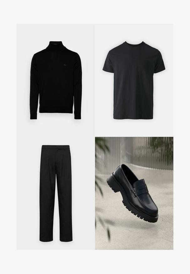 Pull à col roulé noir, texture côtelée, manches longues, design ajusté, logo discret Lacoste sur la poitrine, matériau tricoté de poids moyen.; T-shirt noir en coton à manches courtes avec un col rond et une coupe décontractée. Texture lisse et ourlet droit, sans graphismes ni motifs visibles.; Pantalons noirs en tissu lisse, avec une coupe droite, deux plis avant et une taille standard avec passants de ceinture.; Mocassins en cuir noir avec une semelle à crampons épaisse, dotés d'une sangle décorative et de détails de couture. Texture lisse avec une finition polie.
