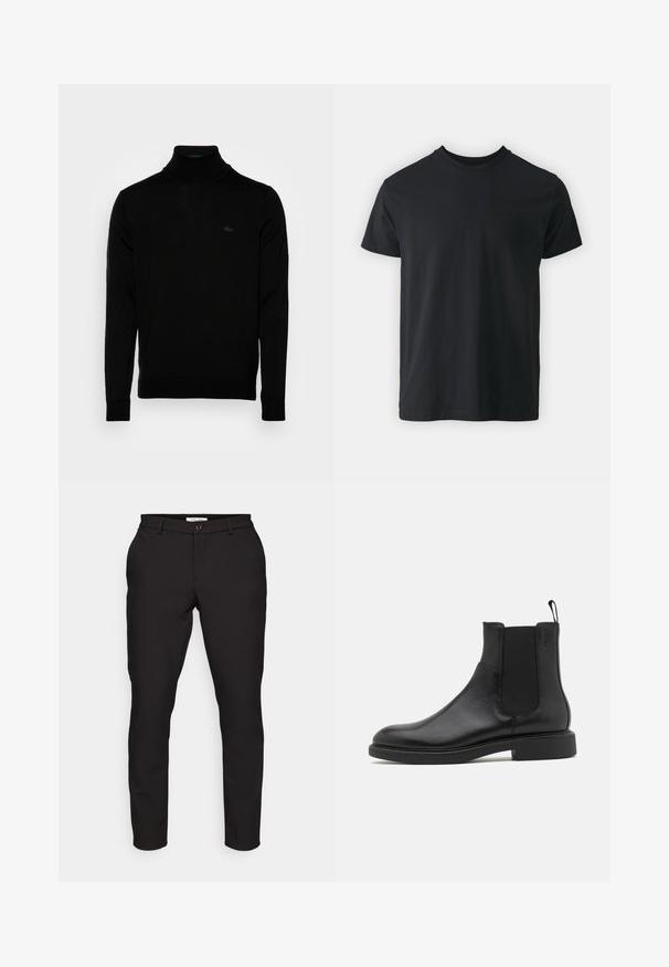 Zwarte coltrui, geribbelde textuur, lange mouwen, figure-hugging ontwerp, subtiele Lacoste-logo op de borst, middeldikte gebreid materiaal.; Zwart katoenen T-shirt met korte mouwen, ronde hals en een relaxte pasvorm. Glad textuur en rechte zoom, geen zichtbare graphics of patronen.; Zwarte op maat gemaakte broek met een smalle pasvorm. Voorzien van een ritssluiting, knopen, zijzakken en een gladde, lichte stof.; Zwarte leren enkelboot met een gladde textuur, elastische zijpanelen en een trekhaak. Ronde neus en platte rubberen zool met minimale profiel.