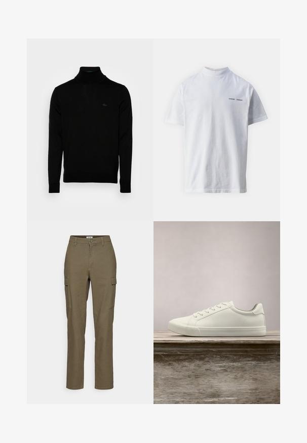 Suéter negro de cuello alto, textura acanalada, mangas largas, diseño ajustado, sutil logo de Lacoste en el pecho, material de punto de peso medio.; Camisa de algodón blanca con un cuello alto y mangas cortas. Presenta el logo "SAMSØE SAMSØE" en negro en la parte delantera. Textura suave.; Pantalones cargo verde oliva con piernas rectas, que cuentan con dos bolsillos laterales, un cierre de botón y una tela texturizada.; Zapatilla blanca con cordones flotando sobre un banco de madera con follaje verde al fondo, mostrando el diseño y la textura del zapato.