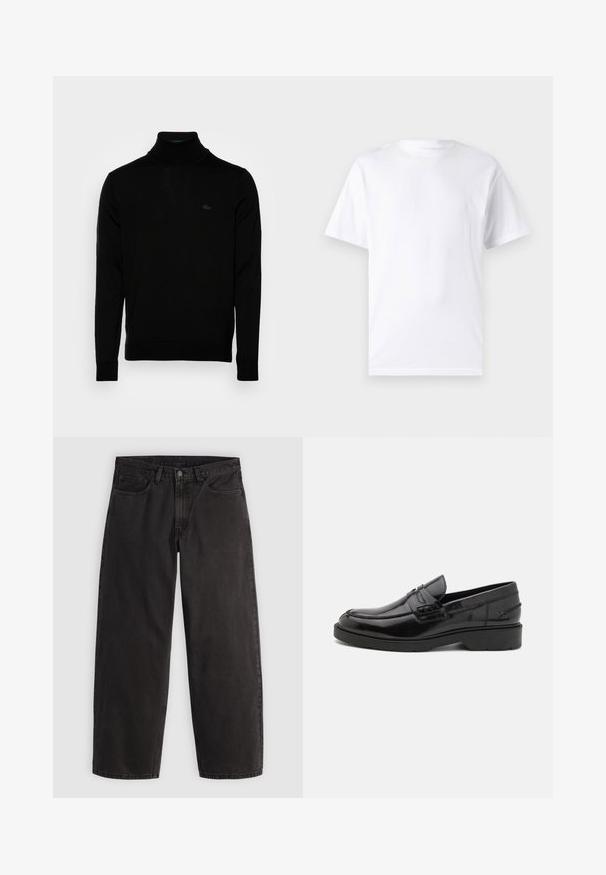 Čierny rolák, rebrovaná textúra, dlhé rukávy, priliehavý strih, diskrétne logo Lacoste na hrudi, stredne ťažký pletený materiál.; Biela krátka rukávová tričko vyrobené z bavlny s okrúhlym výstrihom, s hladkou textúrou a jednoduchým dizajnom bez vzorov alebo akcentov.; Čierne rovné rifľové nohavice s piatimi vreckami a slučkami na opasok, zobrazené na rovnom svetlom pozadí.; Čierne kožené mokasíny s hladkým povrchom, zaoblenou špičkou, nízkym podpätkom a dekoratívnym prešívaním na prednej strane. Gumová podrážka pre lepšiu priľnavosť.