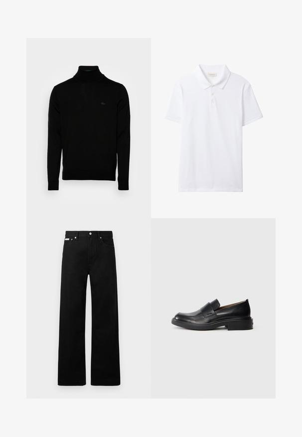 Suéter negro de cuello alto, textura acanalada, mangas largas, diseño ajustado, sutil logo de Lacoste en el pecho, material de punto de peso medio.; Polo blanco de manga corta con cuello y tapeta de tres botones, parte delantera lisa y una pequeña etiqueta de Calvin Klein Jeans dentro del cuello.; Pantalones de mezclilla negros con un diseño de pierna ancha, que cuentan con cinco bolsillos y herrajes de botón metálico. Textura suave, sin patrones visibles.; Zapato de vestir negro de cuero sin cordones con tacón bajo y un sutil logo de Calvin Klein en el lateral, mostrado en perfil sobre un fondo blanco.