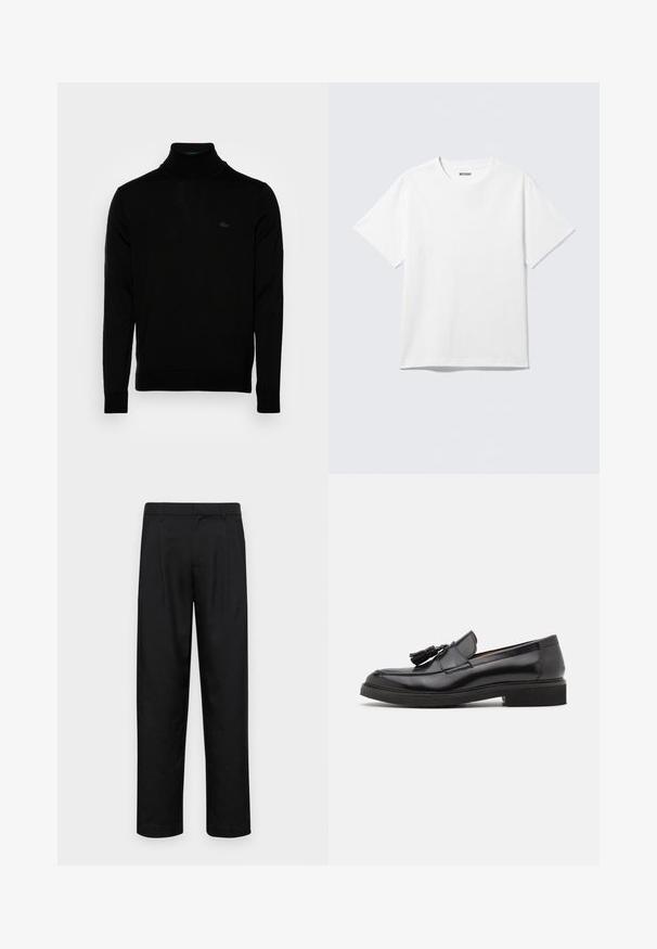 Suéter negro de cuello alto, textura acanalada, mangas largas, diseño ajustado, sutil logo de Lacoste en el pecho, material de punto de peso medio.; Camiseta blanca de manga corta con cuello redondo, colocada plana, diseño liso, con etiqueta "WEEKDAY" en el interior del cuello sobre un fondo claro.; Pantalones negros de tela suave, con un diseño de pierna recta, dos pliegues frontales y una cintura estándar con trabillas para el cinturón.; Mocasines de cuero negro con detalles en borla, puntera redondeada y suela texturizada. Presentan un acabado suave y un diseño minimalista.