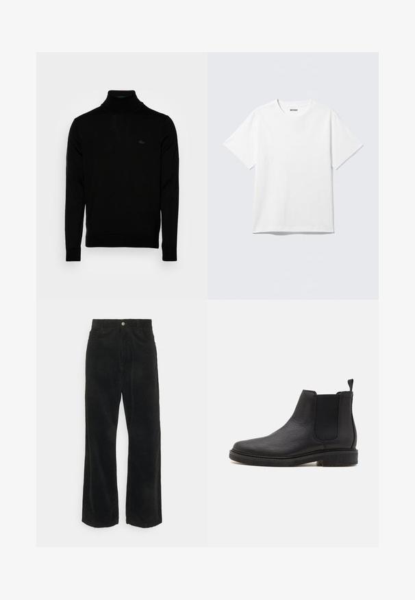 Suéter negro de cuello alto, textura acanalada, mangas largas, diseño ajustado, sutil logo de Lacoste en el pecho, material de punto de peso medio.; Camiseta blanca de manga corta con cuello redondo, colocada plana, diseño liso, con etiqueta "WEEKDAY" en el interior del cuello sobre un fondo claro.; Pantalones de pana negra de pierna ancha con una textura suave, que cuentan con un cierre frontal de botones y dos bolsillos laterales.; Botín Chelsea de cuero negro con un acabado texturizado, paneles laterales elásticos y una tira de agarre, que presenta una suela de goma baja y plana.