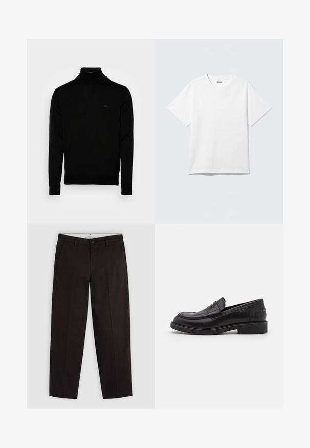 Zwarte coltrui, geribbelde textuur, lange mouwen, figure-hugging ontwerp, subtiele Lacoste-logo op de borst, middeldikte gebreid materiaal.; Witte T-shirt met korte mouwen en ronde hals, plat gelegd, effen ontwerp, met een "WEEKDAY" label in de kraag op een lichte achtergrond.; Zwarte rechte chino's met riemlussen, knoopsluiting en zijzakken, weergegeven op een lichtgrijze achtergrond.; Zwarte leren loafers met een ronde neus, ton-sur-ton stiksels en een banddetail aan de voorkant. Rubberen zool met een lage hak.