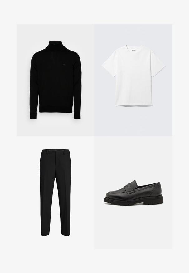 Suéter negro de cuello alto, textura acanalada, mangas largas, diseño ajustado, sutil logo de Lacoste en el pecho, material de punto de peso medio.; Camiseta blanca de manga corta con cuello redondo, colocada plana, diseño liso, con etiqueta "WEEKDAY" en el interior del cuello sobre un fondo claro.; Pantalones negros de tela suave, con corte recto, lazos para cinturón y un diseño de frente plano sin patrones ni adornos visibles.; Mocasín de cuero negro con punta redonda, detalles de costura y suela gruesa y texturizada. Presenta un diseño elegante y minimalista.