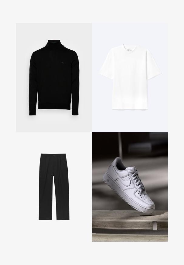 Sort turtleneck sweater, ribbet tekstur, lange ærmer, tætsiddende design, diskret Lacoste-logo på brystet, materialet er af mellemvægtigt strik.; Enkel hvid T-shirt med korte ærmer og rund hals med afslappet pasform, vist på en lys baggrund.; Sorte bukser med lige ben, lavet af et glat stof. Har frontfolder og en enkelt knaplukning i taljen.; Hvid læder Nike Air Force 1 sneaker med perforeret tå, flade snørebånd og tekstureret gummisål med "AIR" branding på siden.
