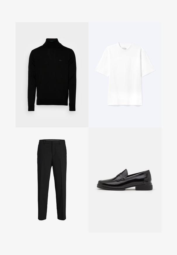 Zwarte coltrui, geribbelde textuur, lange mouwen, figure-hugging ontwerp, subtiele Lacoste-logo op de borst, middeldikte gebreid materiaal.; Effen witte T-shirt met korte mouwen en ronde hals, met een losse pasvorm, weergegeven op een lichte achtergrond.; Zwarte broeken van een gladde stof, met een rechte snit, riemlussen en een platte voorkant zonder zichtbare patronen of versieringen.; Zwarte leren instappers met een afgeronde neus, voorzien van een gestikte detail over de wreef, en een lage blokhak. Glad textuur en glanzende afwerking.