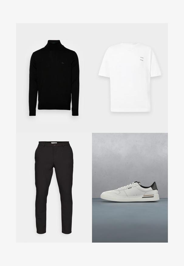 Musta poolsinine neule, ribattua pintaa, pitkät hihat, tiukka muotoilu, huomaamaton Lacoste-logo rinnassa, keskivahva neulosmateriaali.; Valkoinen puuvillapaita, jossa on rento malli, lyhyet hihat ja V-pääntie. Paidassa on kaksi pientä mustaa painettua logoa vasemmalla puolella.; Musta räätälöity housut slim-fit -tyylillä. Ominaisuuksiin kuuluvat vetoketjukiinnitys, napin sulku, sivutaskut ja sileä, kevyt kangas.; Valkoiset matalat tennarit mustalla kantapäällä, nauhakiristys, hienovaraiset rei'itykset ja "BOSS"-logo sivulla, esitetty ulkoprofiilista.