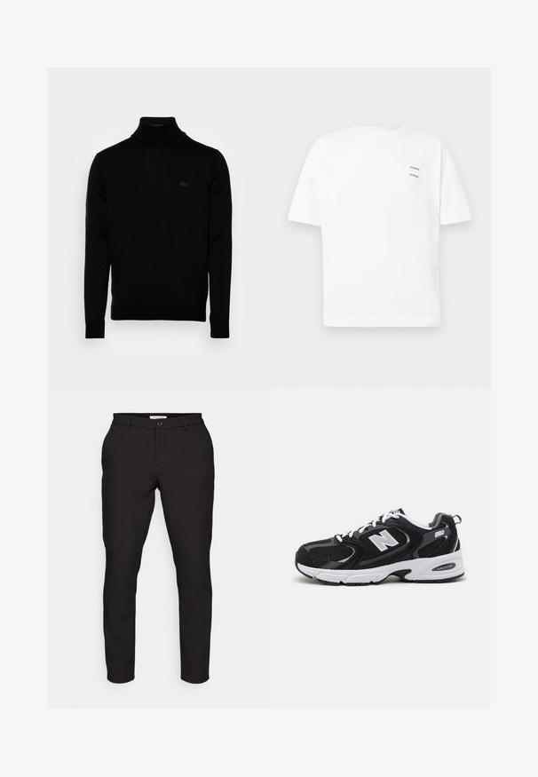 Čierny rolák, rebrovaná textúra, dlhé rukávy, priliehavý strih, diskrétne logo Lacoste na hrudi, stredne ťažký pletený materiál.; Biely bavlnený tričko s voľným strihom, krátkymi rukávmi a výstrihom do V. Obsahuje dva malé čierne potlačené logá na ľavej strane.; Čierne nohavice s prispôsobeným strihom. Obsahujú zips, gombíkovú uzáver, bočné vrecká a hladkú, ľahkú tkaninu.; Čierne a šedé športové topánky s hornou časťou z mikrovlákna a zamatu, s bielou medzipodrážkou, šnúrkami a výrazným logom "N" na boku.