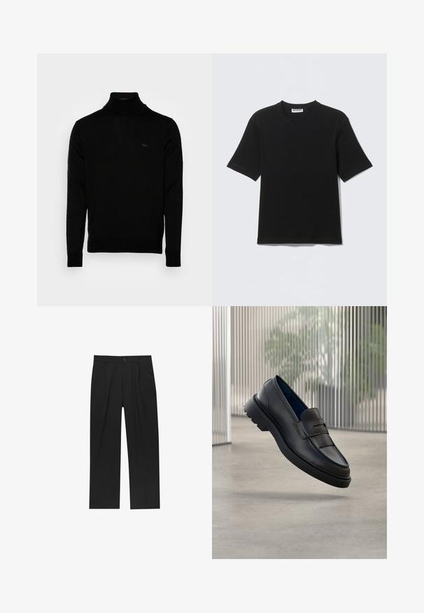 Zwarte coltrui, geribbelde textuur, lange mouwen, figure-hugging ontwerp, subtiele Lacoste-logo op de borst, middeldikte gebreid materiaal.; Zwart T-shirt met korte mouwen en ronde hals, met een label "WEEKDAY" aan de binnenkant van de kraag, plat neergelegd op een lichte achtergrond.; Zwarte broeken met een recht model, gemaakt van een gladde stof. Voorzien van een voorplooien en een enkele knoopsluiting bij de taille.; Zwarte leren loafers met een gladde afwerking, voorzien van een decoratieve band en een gestructureerd paneel aan de voorkant, en een rubberen zool met textuur.