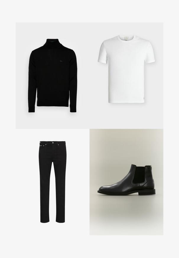 Čierny rolák, rebrovaná textúra, dlhé rukávy, priliehavý strih, diskrétne logo Lacoste na hrudi, stredne ťažký pletený materiál.; Jednoduché biele krátke rukávy rebrované bavlnené tričko s okrúhlym výstrihom a malou prišitou etikietou blízko spodného lemu.; Čierne slim-fit džínsy s predným gombíkom, pútkami na opasok a viditeľnými prednými vreckami, zobrazené na bielom pozadí.; Čierna kožená Chelsea čižma s elastickým bočným panelom a nízkym podpätkom, zobrazená z vonkajšej strany na neutrálnom pozadí.