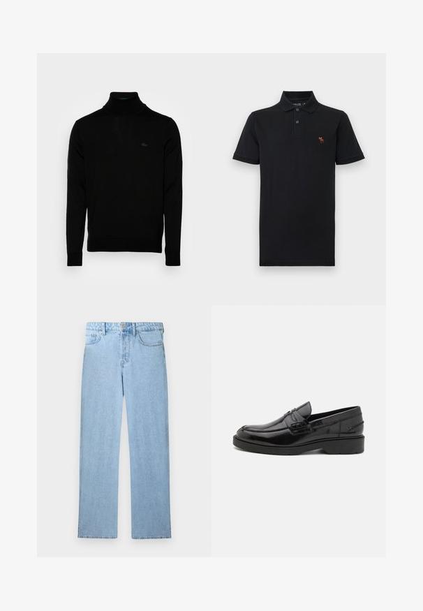 Sort turtleneck sweater, ribbet tekstur, lange ærmer, tætsiddende design, diskret Lacoste-logo på brystet, materialet er af mellemvægtigt strik.; Sort kortærmet poloshirt med to knapper og lille brun elglogo på venstre bryst, vist på hvid baggrund.; Lyseblå høj talje lige ben denim jeans med forreste knap, lynlås lukning og fem-lomme design på hvid baggrund.; Sorte læder loafers med en glat finish, rund tå, lav hæl og dekorativ syning langs forsiden. Gummisål for godt greb.