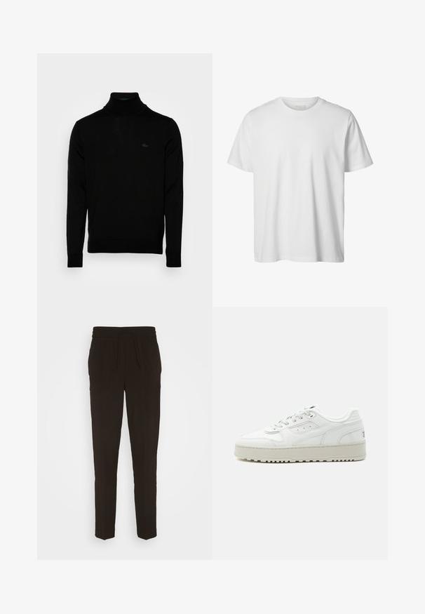 Sort turtleneck sweater, ribbet tekstur, lange ærmer, tætsiddende design, diskret Lacoste-logo på brystet, materialet er af mellemvægtigt strik.; Enkelt hvid T-shirt med korte ærmer og rund hals, løs pasform og uden synlige logoer eller designs foran.; Sorte, lange, tapered bukser lavet af et blødt, glat materiale. Har en elastisk talje med snøre til justerbar pasform.; Hvid lavtop sneakers med tyk sål, snørre foran, perforerede detaljer og polstret krave på en ensartet lys grå baggrund.