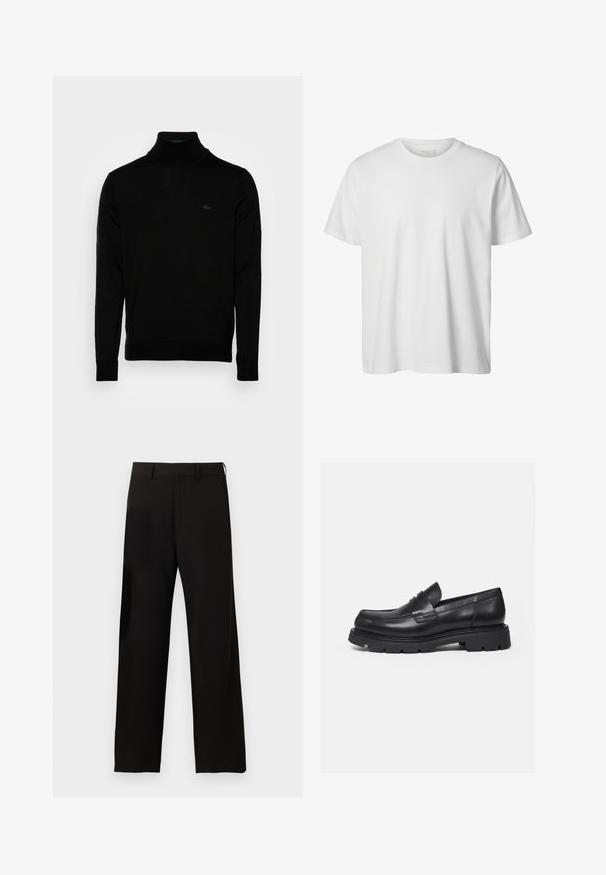 Čierny rolák, rebrovaná textúra, dlhé rukávy, priliehavý strih, diskrétne logo Lacoste na hrudi, stredne ťažký pletený materiál.; Jednoduché biele tričko s krátkym rukávom a okrúhlym výstrihom, voľného strihu, bez viditeľných log alebo vzorov na prednej strane.; Čierne nohavice rovného strihu s pútkami na opasok a postrannými vreckami na jednoduchom bielom pozadí.; Čierny kožený mokasín s hrubou rebrovanou podrážkou a detailom popruhu na mincu, zobrazený pravý bočný profil na bielom pozadí.