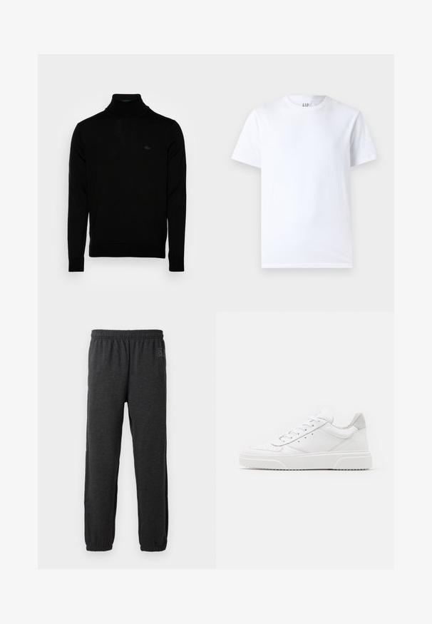 Sort turtleneck sweater, ribbet tekstur, lange ærmer, tætsiddende design, diskret Lacoste-logo på brystet, materialet er af mellemvægtigt strik.; Hvid bomulds t-shirt med rund halsudskæring og korte ærmer. Enkel design uden mønstre eller grafik, med GAP branding på kraven.; Grå sweatpants lavet af blødt stof, med elastisk talje og indsnævrede ben med elastiske manchetter. Subtilt logo detalje på det ene ben.; Hvide lædersneakers med en glat finish, rund tå, flade snørebånd og en struktureret sål. Grå ruskindsdetalje ved hælen.