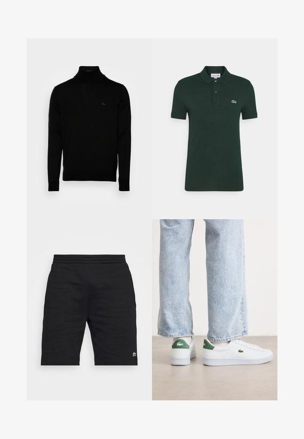 Zwarte coltrui, geribbelde textuur, lange mouwen, figure-hugging ontwerp, subtiele Lacoste-logo op de borst, middeldikte gebreid materiaal.; Donkergroene polo shirt van katoen, met een twee-knopen knoopsluiting, korte mouwen en een klein geborduurd krokodillenlogo op de linkerborst.; Zwarte katoenen shorts met een elastische tailleband en een klein groen logo-accent. Heeft een rechte snit en een soepele textuur.; Witte leren sneakers met groene accenten op de hiel en geborduurd logo. Glad textuur, low-top ontwerp, gecombineerd met lichtblauwe jeans.
