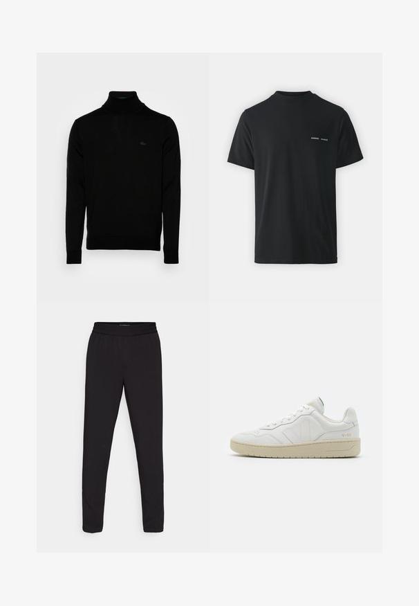 Zwarte coltrui, geribbelde textuur, lange mouwen, figure-hugging ontwerp, subtiele Lacoste-logo op de borst, middeldikte gebreid materiaal.; Zwarte katoenen T-shirt met een klassieke ronde hals, korte mouwen en twee kleine witte "SAMSØE" logo's op de linkerkant van de borst.; Zwarte tapered broek met een elastische tailleband, gemaakt van een soepele, lichte stof, zonder zichtbare patronen of hardwaredetails.; Witte leren sneakers met een gestructureerde afwerking en een gevoerde kraag. Voorzien van een beige rubberen zool en subtiele branding op de hiel en zijkant.