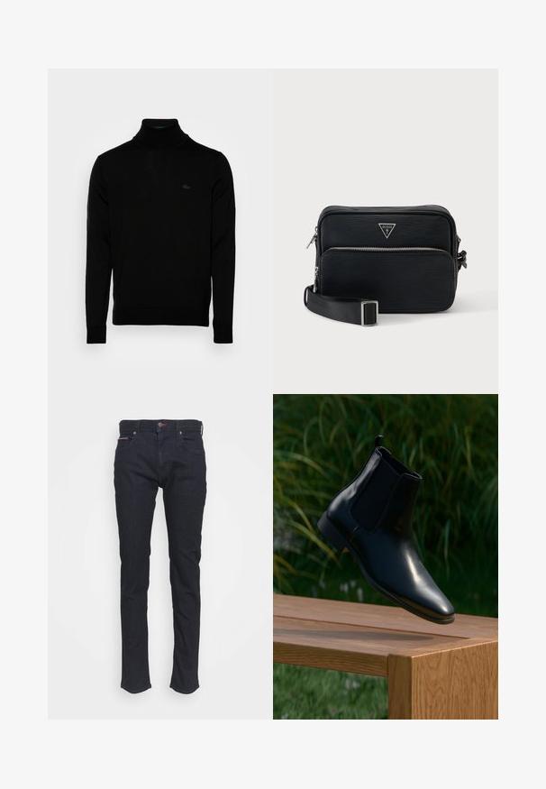 Zwarte coltrui, geribbelde textuur, lange mouwen, figure-hugging ontwerp, subtiele Lacoste-logo op de borst, middeldikte gebreid materiaal.; Donkerblauwe slim-fit denim jeans met voorzakken, knoopsluiting en subtiele rode stiksels op de tailleband en zak.; Zwarte leren Chelsea-boot zwevend boven een houten bank met gras en planten op de achtergrond.; Kleine zwarte Guess crossbodytas met een gestructureerd oppervlak, voorvak met ritssluiting, zilveren ritsen en verstelbare stoffen riem.