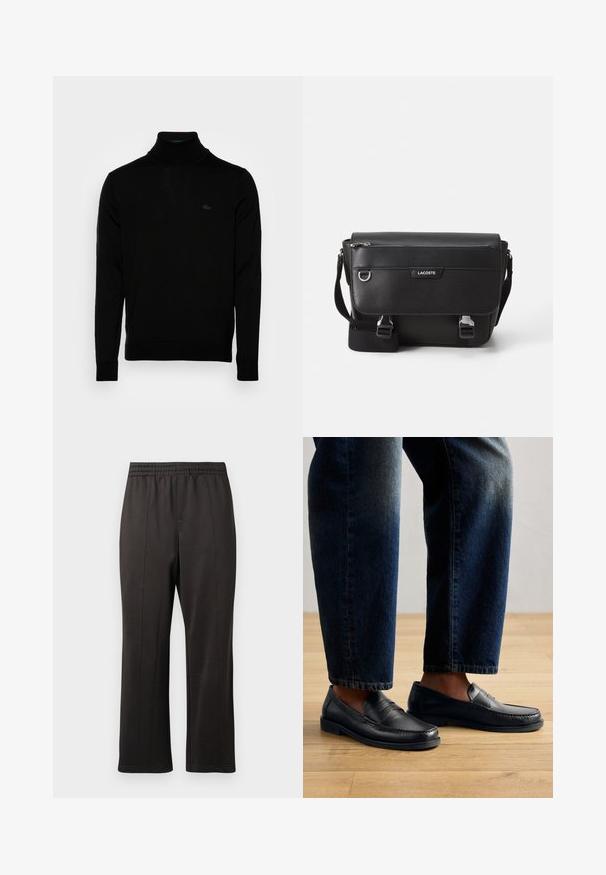 Suéter negro de cuello alto, textura acanalada, mangas largas, diseño ajustado, sutil logo de Lacoste en el pecho, material de punto de peso medio.; Pantalones negros con cintura elástica y diseño de pierna recta. Fabricados con una tela suave y con sutiles detalles de costura en la parte frontal.; Mocasines de cuero negro con detalles de costura y acentos texturizados, combinados con denim oscuro, mostrando un diseño casual y estilizado.; Bolso mensajero Lacoste negro texturizado con correa ajustable, tapa frontal, bolsillo con cremallera y cierres de hebilla metálica.