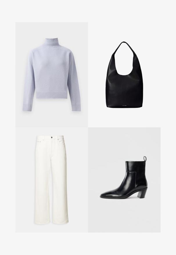 Lys lilla ribbet turtleneck sweater med lange ærmer og en cropped afslutning, vist på en hvid baggrund.; Hvide jeans med vide ben, foran med knap, bæltestropper og fem-lomme design.; Sort læder ankelstøvle med spids tå, geometrisk stablet hæl og en løftestrop bagpå. Glat tekstur og slankt design.; Sort læder shoppertaske med en bred enkelt skulderrem og et subtilt Calvin Klein-logo nederst i midten.