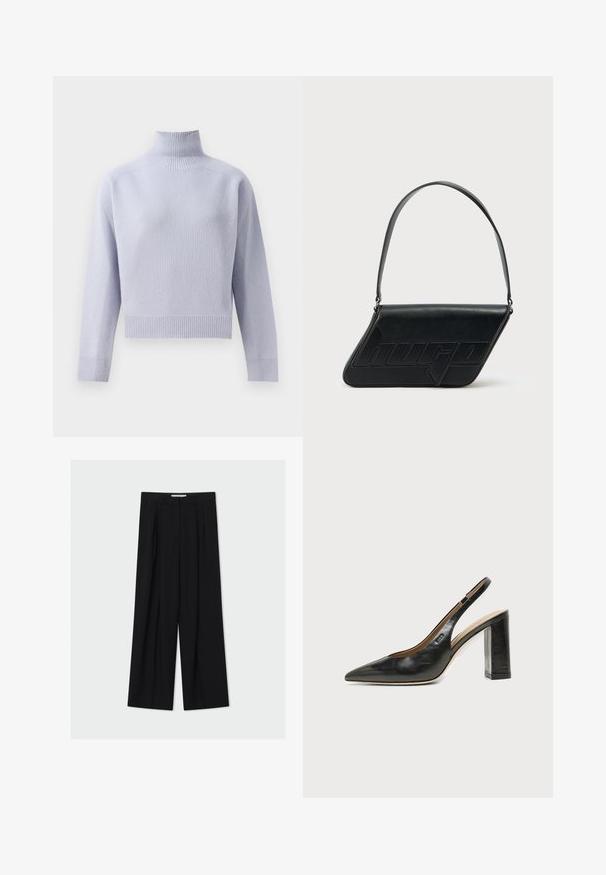 Lys lilla ribbet turtleneck sweater med lange ærmer og en cropped afslutning, vist på en hvid baggrund.; Sorte vidde bukser med høj talje, bæltestropper og forreste læg, vist mod en lys grå baggrund.; Sort læder peep-toe slingback sko med høj blokhæl og beige indvendig foring mod en ensfarvet lys baggrund.; Sort skuldertaske i læder med trekantet form, præget logo og en enkelt justerbar rem. Minimalistisk design med glat tekstur.