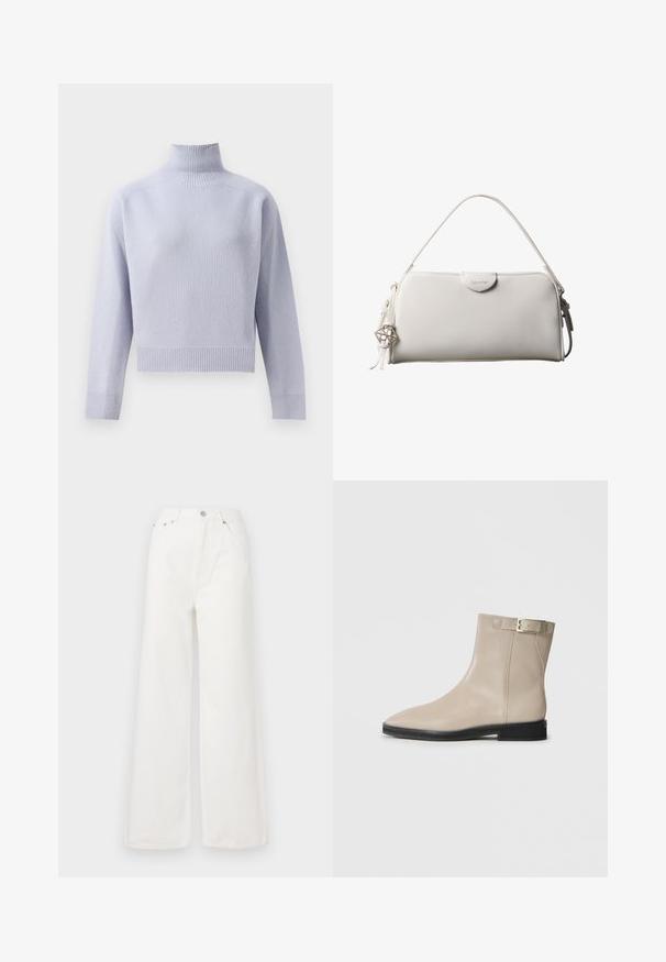 Lys lilla ribbet turtleneck sweater med lange ærmer og en cropped afslutning, vist på en hvid baggrund.; Hvide højtaljede brede jeans lavet af denim. Har frontlommer, knaplukning og afrivede kantdetaljer.; Beige læder ankelstøvle med spids tå, sort sål, lav hæl og guld spænde rem på ydersiden, vist på hvid baggrund.; Hvid rektangulær Calvin Klein håndtaske med enkelt håndtag, minimalistisk design og dekorative kvaster med geometrisk metalvedhæng på siden.