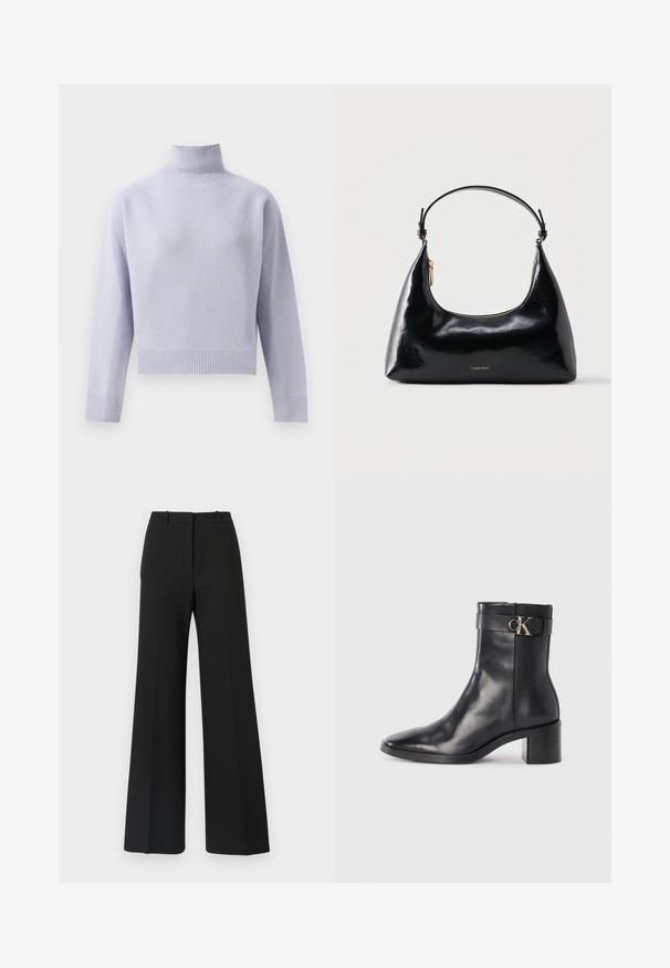 Lys lilla ribbet turtleneck sweater med lange ærmer og en cropped afslutning, vist på en hvid baggrund.; Sorte buks med vide ben og skræddersyet design, der har en glat tekstur og subtile plisseringer foran. Ingen synlige detaljer eller mønstre.; Sort læder ankelstøvle med spids tå, blokhæl og en rem med en metallisk logo detalje. Glat tekstur og minimalistisk design.; Sort blank Calvin Klein håndtaske med gyldent lynlås og kort rem mod en ensfarvet hvid baggrund.