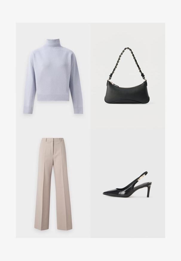 Lys lilla ribbet turtleneck sweater med lange ærmer og en cropped afslutning, vist på en hvid baggrund.; Beige vide bukser lavet af et glat stof, med høj talje, forkantede folder og en skræddersyet silhuet.; Sort læder slingback højhælede sko med spidse tæer, glat overflade og en smal ankelrem med guldfarvede hardware detaljer.; Sort skuldertaske i læder med en buet rektangulær form, gyldent kæde vævet ind i en flettet sort rem og toplynlås.