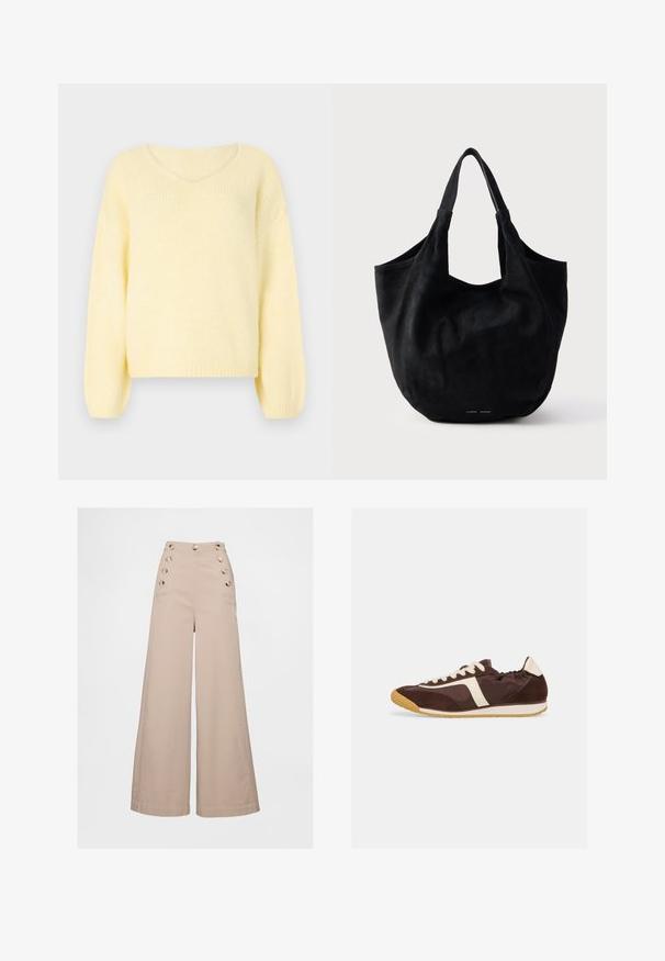 JDY Knitted JDYDINEA Knitted - Strickpullover - pastel yellow; Beige Hosen mit weitem Bein und hoher Taille, mit großen Knopfakzenten an den Vorderhosentaschen und einem glatten, leichten Stoff.; Brauner und beiger Sneaker in niedriger Ausführung mit weißen Schnürsenkeln, Obermaterial aus Wildleder und Stoff sowie einer Sohle aus Kaugummirubber, seitliche Ansicht der rechten Seite.; Schwarze Wildleder-Shopper-Tasche mit weicher Textur, weitem Öffnung und zwei Schulterriemen. Minimalistisches Design ohne sichtbare Beschläge oder Muster.