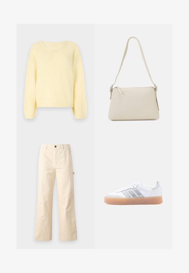 JDY JDYDINEA L/S REVERSIBLE PULLOV. KNT NOOS - Trui - pastel yellow; Wijdvallende beige broek van katoen met een knoopsluiting, voorzien van zijzakken en een strakke, minimalistische uitstraling.; Witte lage sneaker met gumzool, zilverkleurige gestreepte zijkanten en veterluiting, afgebeeld tegen een effen lichte achtergrond.; Beige schoudertas van glad leer met een ritsluiting. Kenmerkt zich door een eenvoudig ontwerp, een slanke schouderband en metalen hardwareaccenten.