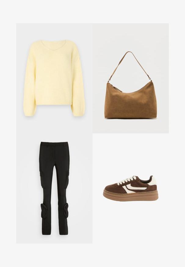 JDY Knitted JDYDINEA Knitted - Svetrík - pastel yellow; Weekday ILA CARGO TROUSER - Kapsáče - black; Hnedá semišová teniska s bielym bočným pruhom, bielymi šnúrkami, bielou pätovou náplasťou a hrubou svetlohnedou podrážkou.; Hnedá semišová taška cez rameno s jedným remienkom a horným zipsovým zatváraním, zobrazená na jednoduchom bielom pozadí.