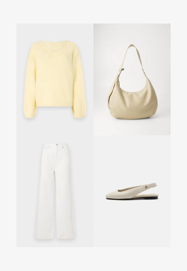 JDY Knitted JDYDINEA Knitted - Jersey de punto - pastel yellow; Jeans de mezclilla de cintura alta y pierna ancha en color blanco. Cuenta con bolsillos delanteros, un cierre de botón y detalles de dobladillo deshilachado.; Zapato plano slingback de cuero color crema con puntera redondeada y pequeño emblema dorado en la correa.; Bolso de hombro de cuero beige con forma curva, correa ajustable y detalle de logo en relieve, que presenta una textura suave y un diseño minimalista.