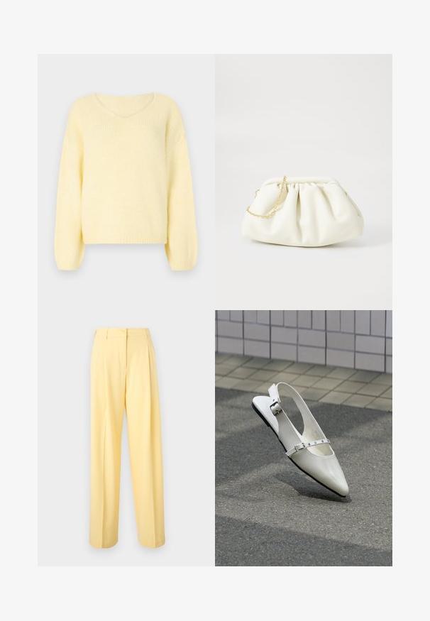 JDY Knitted JDYDINEA Knitted - Striktrøje - pastel yellow; Lysegule højtaljede bukser med knap- og lynlåslukning, lige brede ben og fladt frontdesign.; Hvid spids slingback flad sko med to sølvspænder, vist udendørs på tekstureret underlag og flisebelagt væg baggrund.; Hvid læderhåndtaske med en samlede design, forsynet med en guldkæde-strop og en rund form. Glat tekstur med bløde folder og ingen mønstre.