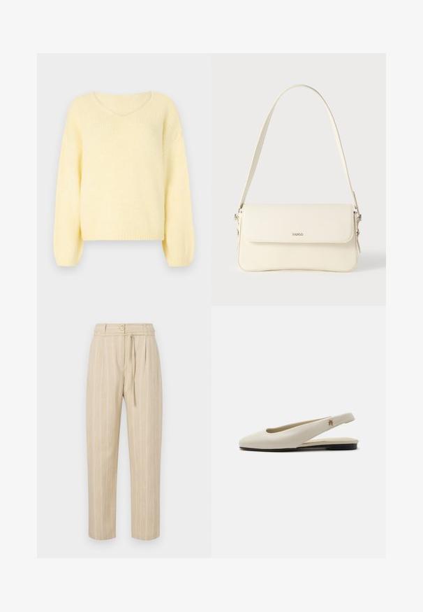 JDY Knitted JDYDINEA Knitted - Striktrøje - pastel yellow; Beige stribede bukser med en afslappet pasform, der har en indsnævret talje, knaplukning og bælte med slipseanordning, lavet af letvægtsstof.; Flatsko i cremefarvet læder med rundet tå og lille guldemblem på remmen.; Cremefarvet læder skuldertaske med flaplukning, sølvfarvet beslag, en enkelt justerbar rem og diskrete logodetaljer.