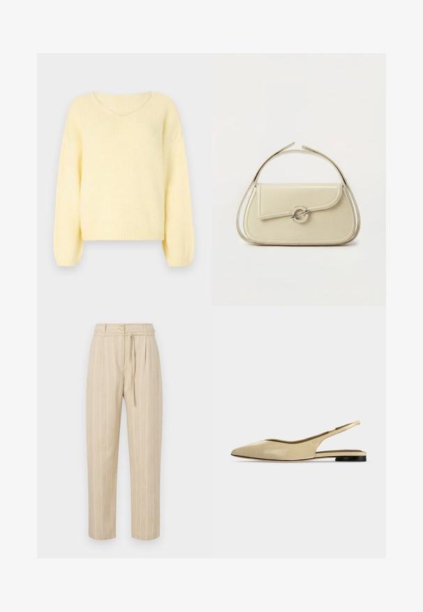 JDY Knitted JDYDINEA Knitted - Striktrøje - pastel yellow; Beige stribede bukser med en afslappet pasform, der har en indsnævret talje, knaplukning og bælte med slipseanordning, lavet af letvægtsstof.; Beige spids tå slingback flad sko med lav sort hæl og en glat læderfinish, vist fra siden på en ensfarvet baggrund.; Cremefarvet læderhåndtaske med buet klap, cirkulært sølvspænde og kort topstrop på en ens hvid baggrund.