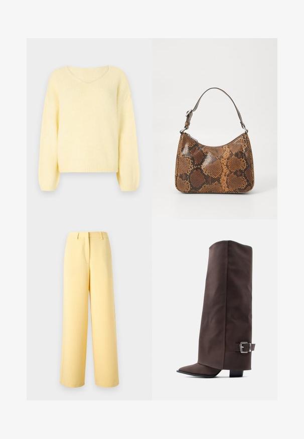 JDY Knitted JDYDINEA Knitted - Strickpullover - pastel yellow; Gelbe, hoch taillierte Hosen mit weitem Bein, Gürtelschlaufen, vorderer Naht und verdecktem vorderem Verschluss auf einfarbigem hellem Hintergrund.; Braune kniehohe Stiefel aus glattem Material mit spitzer Kappe, niedrigem Absatz und einer Metall-Schnallenverzierung an der Seite.; Kleine Handtasche mit braunem und schwarzem Schlangenledermuster, kurzem verstellbarem Tragegurt und Reißverschluss.