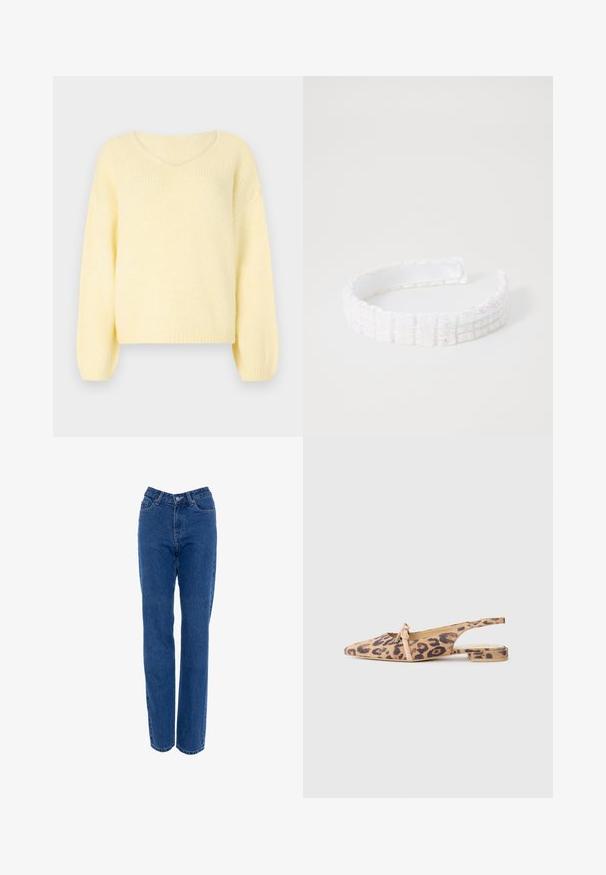 JDY Knitted JDYDINEA Knitted - Striktrøje - pastel yellow; Højtaljede blå denim jeans med lige ben, fem lommer og metal knaplukning. Har et klassisk stikmønster og ingen slid.; Leopardprintede slingback-flats i beige med stofoverdel, spids tå og dekorativ sløjfedetalje på vristen. Flad hæl.; Hvid hårbånd med tekstureret, glitrende stof. Har et bølget, ribbet design og er glat på indersiden for komfort.