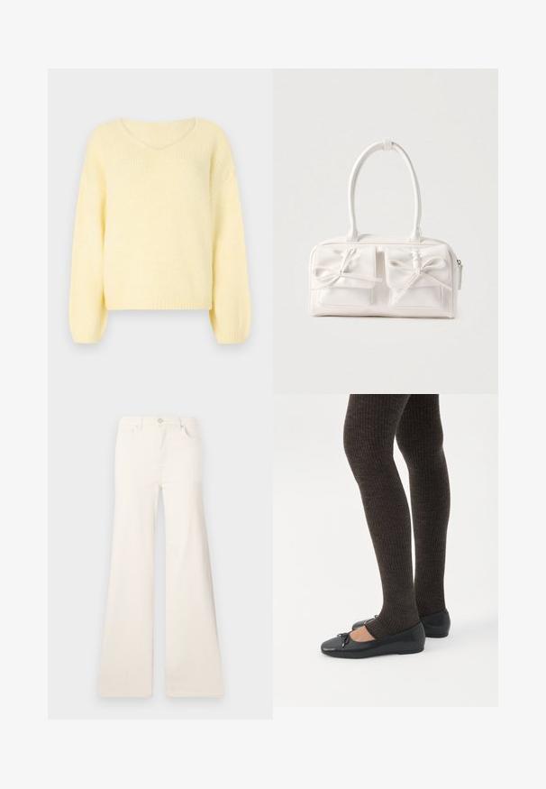 JDY Knitted JDYDINEA Knitted - Svetrík - pastel yellow; ONLY Wide-fit ONLMADISON High waist Wide Leg Fit - Široké nohavice - ecru; Nohy v tmavých pásikavých legínach v kombinácii s čiernymi balerínkami s malými mašličkami na bielom pozadí.; Biela syntetická kabelka s dvoma prednými vreckami, každé s ozdobou v podobe previazaného mašle. Hladká textúra, zaoblené rukoväte a zapínanie na zips.