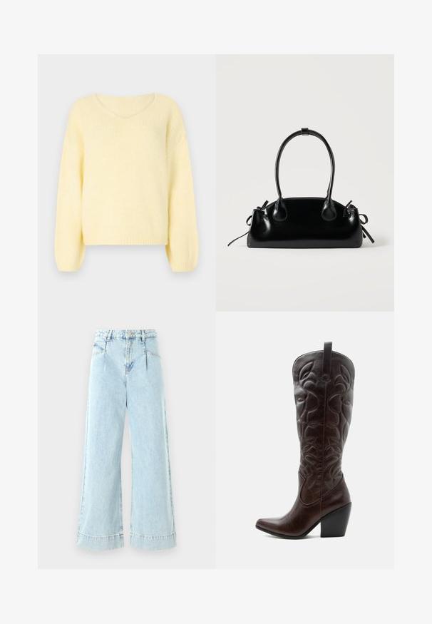 JDY Knitted JDYDINEA Knitted - Striktrøje - pastel yellow; Lyseblå vidbenede jeans lavet af denim, med høj talje, forlommer og syede detaljer ved kanten.; Høj mørkebrun læder cowboystøvle med syede dekorative mønstre, spids tå og stablet blokhæle.; Lille sort blank håndtaske med to lange håndtag og snøre-detaljer i siden på en ensfarvet lys baggrund.