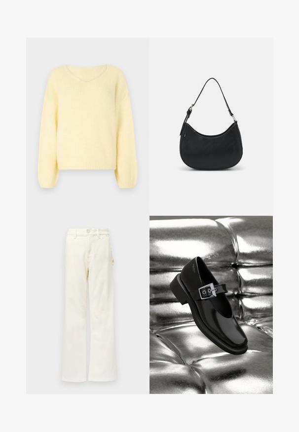 JDY JDYDINEA L/S REVERSIBLE PULLOV. KNT NOOS - Trui - pastel yellow; Good American GOOD 90S CARPENTER - Wide leg - white denim; Zwarte leren Mary Jane-schoenen met een vierkante neus, een zilveren gesp accent en een chunky lage hak, tegen een glanzende zilveren achtergrond.; Zwarte hobo tas van soepel leer met een gebogen silhouet, voorzien van een enkele verstelbare schouderriem en minimalistische ontwerpdetails.