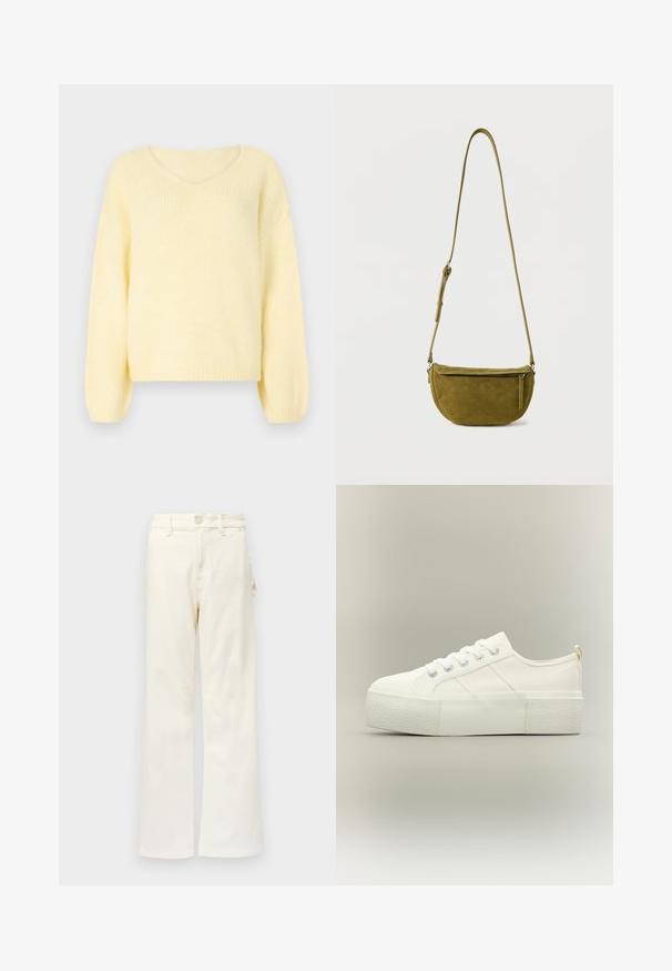 JDY JDYDINEA L/S REVERSIBLE PULLOV. KNT NOOS - Striktrøje - pastel yellow; Good American GOOD 90S CARPENTER - Wide leg - white denim; Hvid platform sneaker med tyk struktureret sål, snørelukning foran og subtile syningsdetaljer på en neutral baggrund.; Olivengrøn ruskind skuldertaske med justerbar rem og lynlåslomme foran på ensfarvet hvid baggrund.