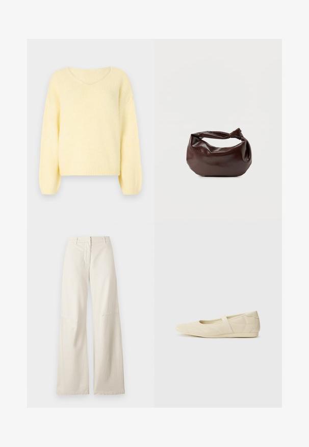 JDY JDYDINEA L/S REVERSIBLE PULLOV. KNT NOOS - Striktrøje - pastel yellow; Vide benbukser i et cremefarvet bomuldsstof. Har høj talje, struktureret design og minimal syning. Flad front med lommer.; Lysebrune ballet flats med en glat læderoverflade, mandelformet tå og elastisk rem over vristen, med diskrete syninger.; Mørkebrun læder skuldertaske med en blød, afslappet form og et snoet knudehåndtag på en ensartet hvid baggrund.