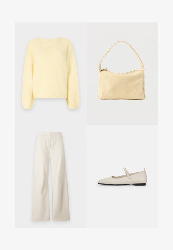 JDY Knitted JDYDINEA Knitted - Striktrøje - pastel yellow; Vide benbukser i et cremefarvet bomuldsstof. Har høj talje, struktureret design og minimal syning. Flad front med lommer.; Hvide ballerinasko i læder med spids tå, ankelsnor og lav sort hæl. Glat tekstur med minimale detaljer.; Lille beige læderhåndtaske med en enkelt rem og sølvnitter langs kanterne og remmen, sat mod en ensfarvet baggrund.