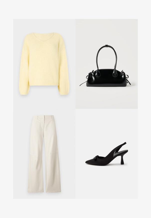 JDY JDYDINEA L/S REVERSIBLE PULLOV. KNT NOOS - Striktrøje - pastel yellow; Vide benbukser i et cremefarvet bomuldsstof. Har høj talje, struktureret design og minimal syning. Flad front med lommer.; Sort peep-toe slingback højhælet sko med en lille sløjfe foran og en smal hæl, vist mod en hvid baggrund.; Lille sort blank håndtaske med to lange håndtag og snøre-detaljer i siden på en ensfarvet lys baggrund.