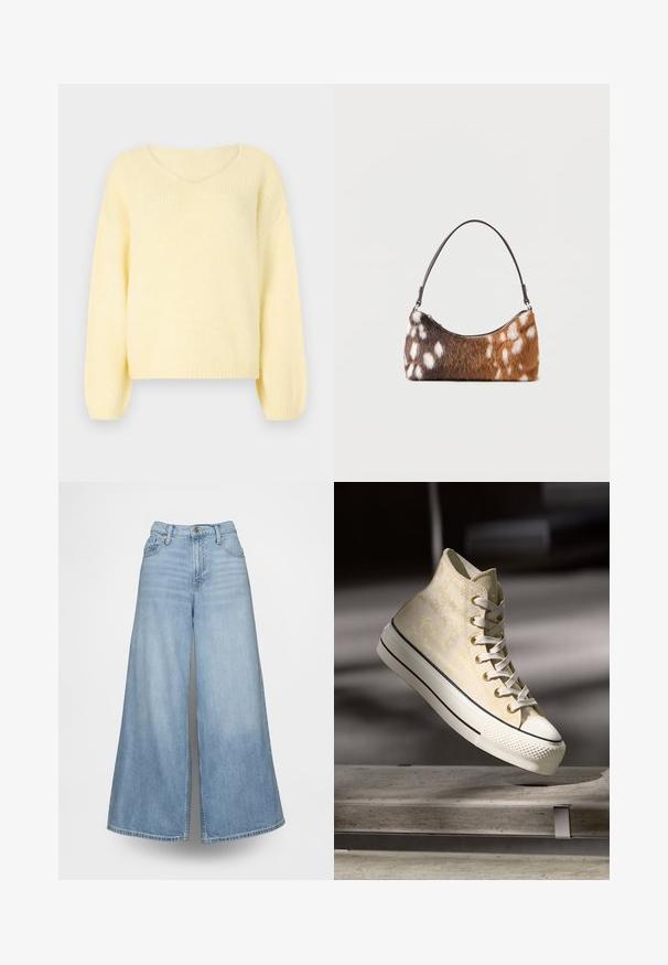 JDY Knitted JDYDINEA Knitted - Svetrík - pastel yellow; Svetlomodré džínsy s širokými nohavicami z denimu, s vysokým pásom, prednými vreckami a zapínaním na gombíky. Materiál má vybledlý vzhľad.; Tenisky s vysokým strihom a textúrovaným svetlým žltým zvrškom, bielou gumovou špičkou a kontrastnými čiernymi pruhmi na bielej podrážke. Šnurovací dizajn.; Ramenná taška s hnedo-bielym bodkovaným umelým kožúškom a tenkým čiernym remienkom, zobrazená na bielom pozadí.