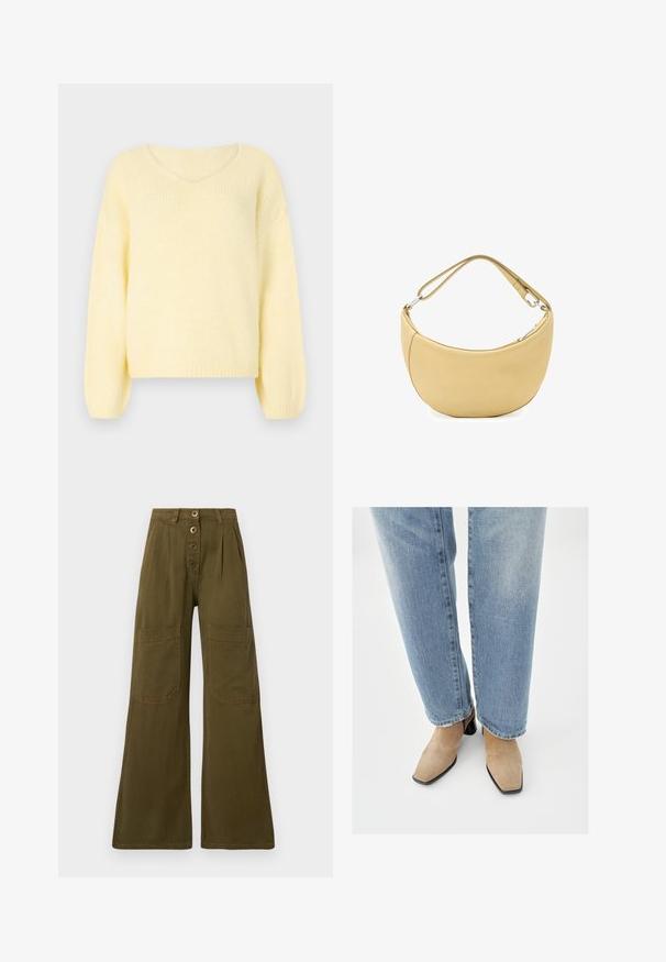 JDY Knitted JDYDINEA Knitted - Striktrøje - pastel yellow; Olivengrønne bukser med vid ben, høj talje, lukning med fire knapper foran og store rektangulære lappelommer på lårene.; Beige ruskindsankelstøvler med spids tå og lav sort blokhæl, båret med lyseblå bukser med lige ben.; Blød beige skuldertaske i læder formet som en halvmåne med justerbar rem og sølvfarvet lynlåslukning.