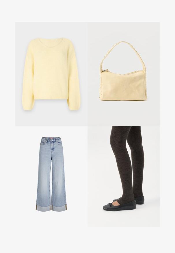 JDY Knitted JDYDINEA Knitted - Jersey de punto - pastel yellow; Vaqueros de pierna ancha de color azul claro con cintura alta, dobladillos deshilachados y detalles de costura en contraste, fabricados en tejido de mezclilla.; Piernas con leggings oscuros acanalados combinados con bailarinas negras que presentan pequeños detalles de lazo sobre un fondo blanco.; Pequeño bolso de cuero beige con una sola correa y tachuelas plateadas a lo largo de los bordes y la correa, sobre un fondo liso.