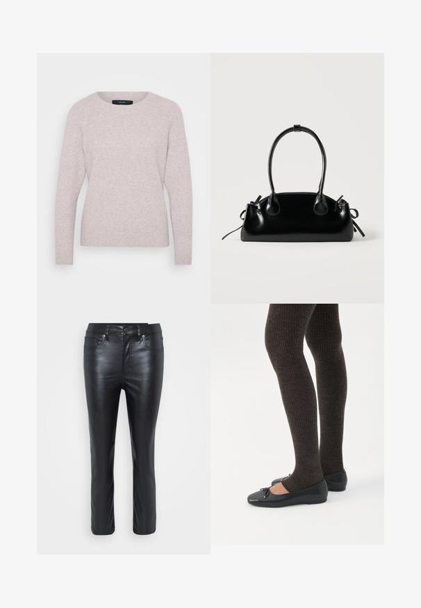 Lys rosa sweater med rund hals, lange ærmer og ribbede manchetter. Blød tekstur med et subtilt meleret mønster.; Sorte læderbukser med slim fit, der har forlommer, knaplukning og let glans. Benene er lige skåret med syningdetaljer.; Ben iført mørke ribbede leggings kombineret med sorte balletsko med små sløjfedetaljer på hvid baggrund.; Lille sort blank håndtaske med to lange håndtag og snøre-detaljer i siden på en ensfarvet lys baggrund.